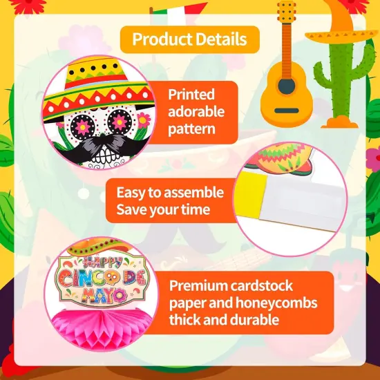 9 Pieces Cinco de Mayo Festival Honeycomb Centerpieces Table Decor, Mexican Fiesta Vibrant Cactus, Pi&ntilde;ata, Taco and Sombrero Pattern Table Topper Ornaments Signs, Holiday Party Decorations {3}