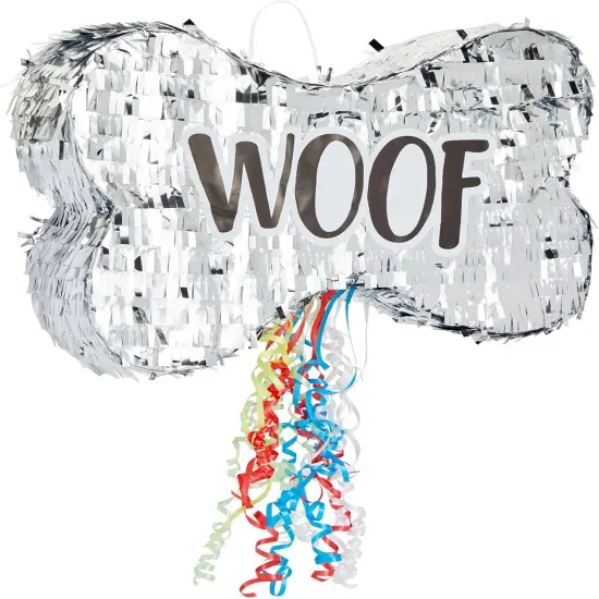 Pull String Dog Bone Pinata for Puppy Birthday Party Decorations, Silver Foil (Small, 16.8 x 10 x 3 In) {1}