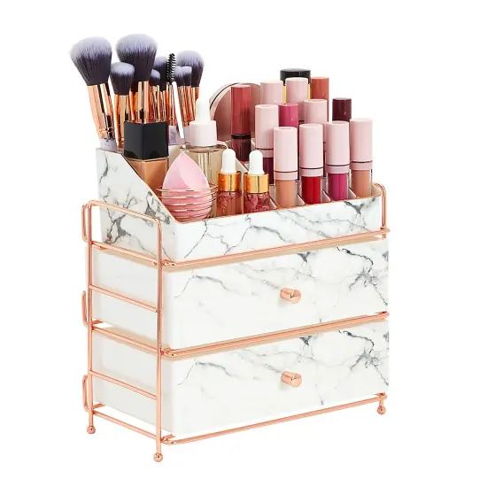 White Marble Makeup Organizer with Rose Gold Trim, Cosmetic Storage Drawers for Vanity (9.5 x 9.5 x 5.5 in) {6}