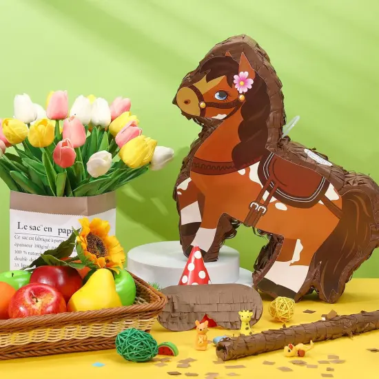 Horse Pi&ntilde;ata Cowgirl Pinatas Brown Horse Pi&ntilde;ata for Birthday Girl with Bat Stick Blindfold Mask for Horse Birthday Cowgirl Party Carnival Pi&ntilde;ata Game Decor Supplies, 15 x 13.4 x 3.2 Inch {3}