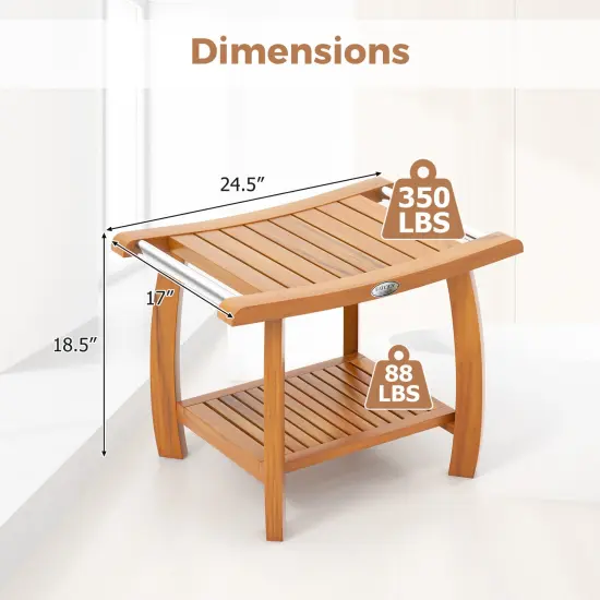 2-Tier Teak Wood Shower Bench Stool with Curved Seat and Handles Ideal Use as Plant Stand or Side Table {5}