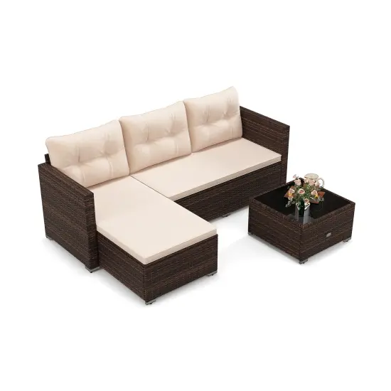 PE Rattan 2-Piece Sectional Sofa Set, Cushioned Seats and Glass Coffee Table {4}