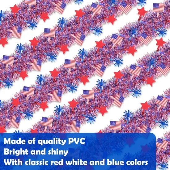 4th of July Decorations,33FT 4th of July Tinsel Garland with Star Firework American Flag, Patriotic Red White Blue Metallic Twist Garland for Home Tree Mantle Indoor Outdoor Parade Independence Day {4}
