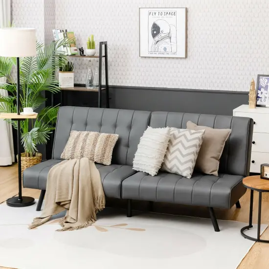 Futon Sofa Bed PU Leather Convertible Folding Couch Sleeper Lounge-Gray {2}