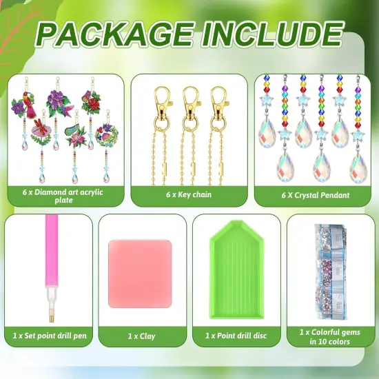 6 Pcs Diamond Art Kits Birds Diamond Wind Chimes Kit Diamond Art Suncatchers Double Sided Flower Ornaments with Crystal Pendant for Adults DIY Spring Summer Home Garden Hanging Ornament {4}