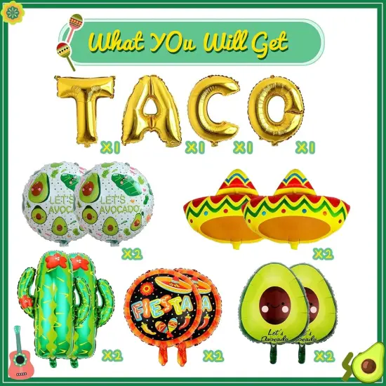 18 PCS Fiesta Party Supplies - Taco, Mexican, Cactus, Avocado, Hat Jumbo Mylar Foil Balloons - Cinco De Mayo Party Decorations {2}