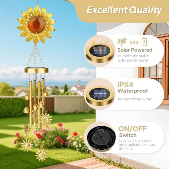 42" Solar Wind Chimes with Sunflower LED Lights &ndash; Waterproof Outdoor Garden Decor for Patio & Yard, Unique Gifts for Women, Mom, and Grandma, Easy-Install Design {4}