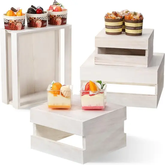 4 Pieces Wood Cupcake Display Stand Whitewashed Decorative Dessert Appetizer Cake Stand Risers Wooden Crate Rustic Cake Stand Wood Risers for Decor Wooden Crate Style Storage Organizer for Party {1}