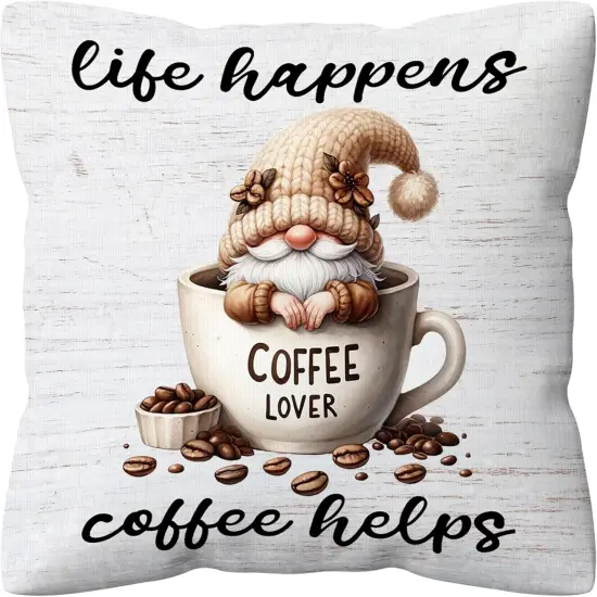 Coffee Gnomes Pillow Covers 18x18, Life Happens Coffee Helps Cute Sofa Decor Throw Pillow Covers for Kitchen Coffee Bar Coffee Station Office Room Decor, Gnome Sign Gnome Lovers Gifts {1}