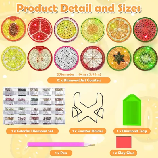 12 Pieces Diamond Art Painting Coasters Kit with Holder, Diamond Art Coasters, DIY Diamond Crafts Projects, Diamond Dot Kits for Adults and Beginners(Fruit Style) {3}