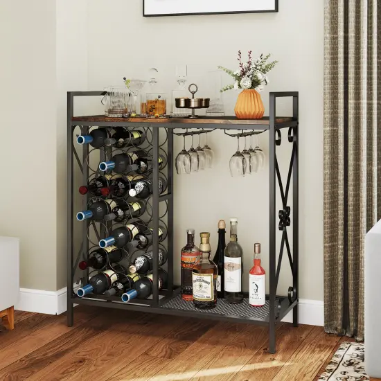 Rustic Brown Freestanding 21 Wine Bottle Organizer with Glass Holder and Metal Frame {6}
