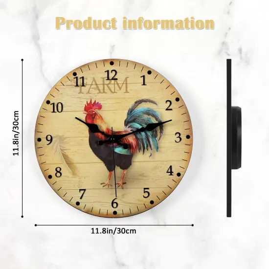 Farmhouse Rooster Wall Clock Battery Operated 12 Inch (30 cm) - Silent Frameless Kitchen Decor Analog Clock for Home, Office, Bedroom {2}