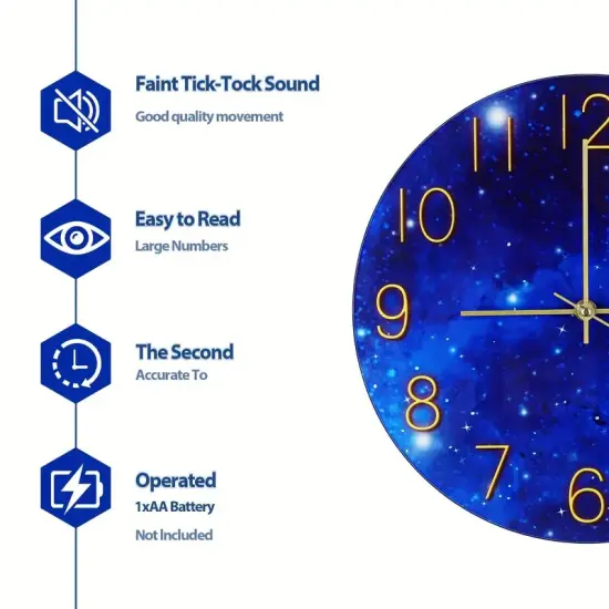 12-Inch Blue Glass Galaxy Wall Clock for Bedroom, Living Room, Office &ndash; Frameless Silent Battery Operated Round Clock with Tempered Glass (Requires 1x AA Battery) {4}