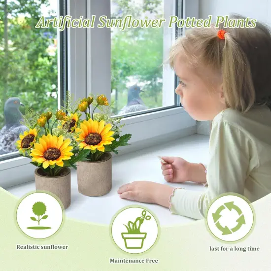 Summer Sunflower Floral Arrangements&ndash; 10 Pcs Artificial Flowers in Rustic Pots, Faux Sunflower Centerpieces for Seasonal Home & Kitchen Displays {4}