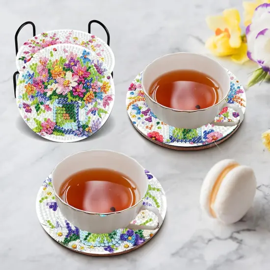 Diamond Art Coasters Kit - 8 Pieces Flowers Diamond Painting Coasters, DIY Diamond Art Kits for Adults Coasters, Diamond Round Dot Crafts Kits for Beginners {4}