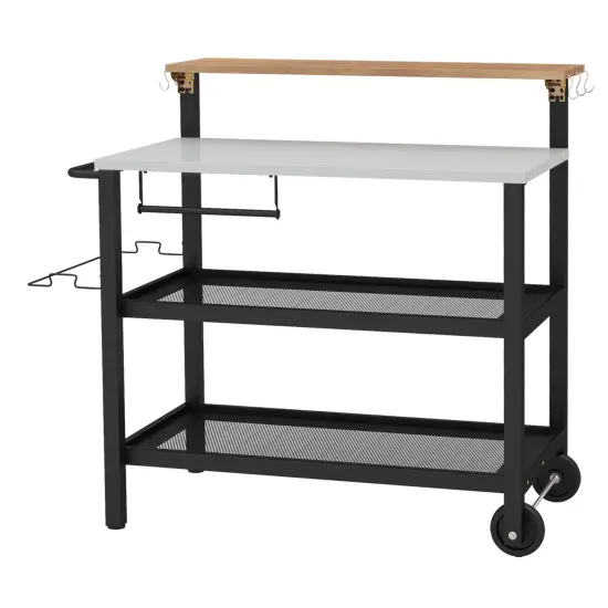 Black Flip-Up Rolling Bar Cart with Hooks and Metal Frame Perfect for Indoor or Outdoor Use {1}