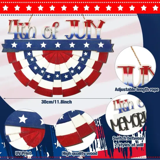 4th of July Decorations Patriotic Door Sign Wooden Memorial Day Wreath Red White Blue American Flag Door Hanger Independence Day Decor for Front Porch Wall Home Outdoor {3}