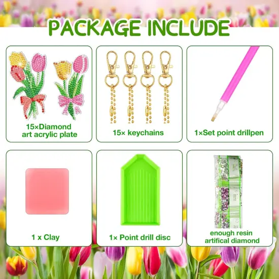15 Pcs Spring Tulip Diamond Painting Keychain Kits {3}
