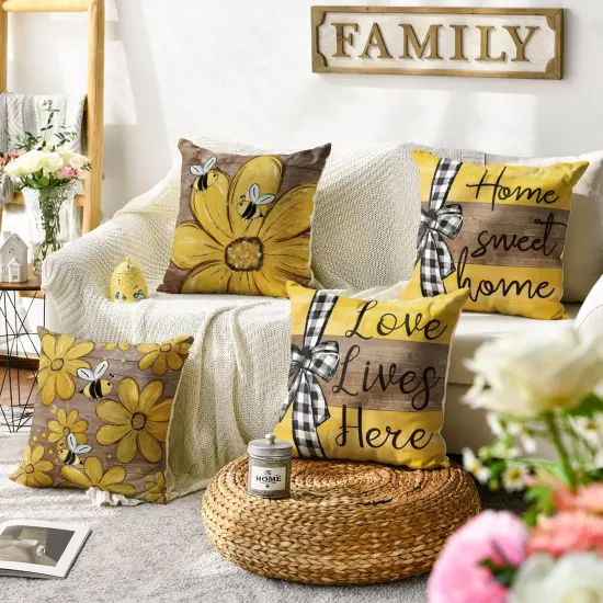 Spring Home Sweet Home Bee Sunflower Throw Pillow Covers, 18 x 18 Inch Love Lives Here Summer Stripes Polka Dots Cushion Case for Sofa Couch Set of 4 {4}