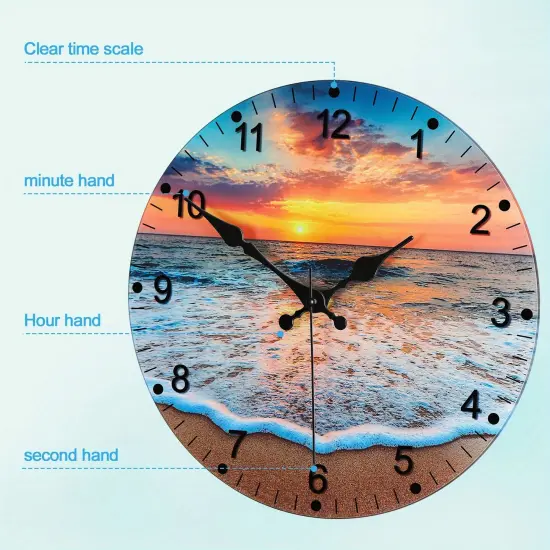 12-Inch Beach-Themed Blue Glass Wall Clock &ndash; Frameless Silent Battery Operated, Tempered Glass Design with Analog Display (1x AA Battery Required) {3}