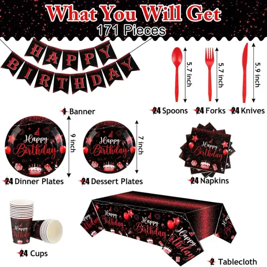 171 Pcs Happy Birthday Party Supplies 24 Set Disposable Party Tableware include Plates Cups Napkins Cutlery and Banner Tablecloth Birthday Dinner Decorations for Men Woman(Black, Red) {3}