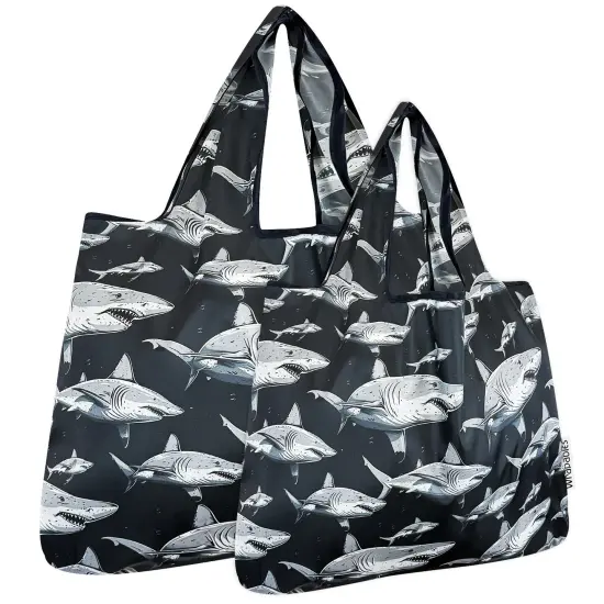 Wrapables Large & Small Foldable Tote Nylon Reusable Grocery Bags, Set of 2, Sharks in Black {1}