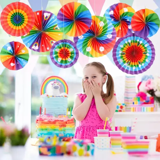 9 PCS Rainbow Hanging Decorations Paper Fans Rainbow Theme Classroom Decorations Paper Fans Colorful Rainbow Cloud Ceiling Wall Decor {2}