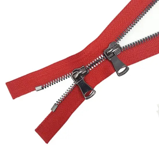 5MM Two Way Separating Open Bottom Zipper Red Tape Gun Metal Teeth 36" {2}