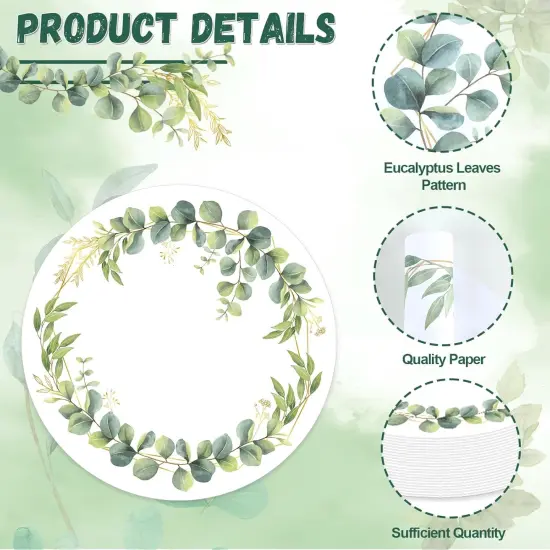 60Pcs Disposable Eucalyptus Leaves Place Mats Spring Summer Greenery Round Paper Table Mats Sage Green Eucalyptus Leaves Party Dining Table Decorations for Home Kitchen Baby Shower Wedding {3}