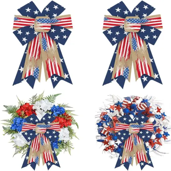 2pcs Patriotic Bows for Wreath, Memorial Day Wreath Bows 4th of July Burlap Bows for Front Door, Red White America Flag Blue Patriotic Star Tree Topper Bow for Indoor Outdoor Decoration {1}