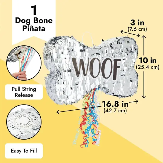 Pull String Dog Bone Pinata for Puppy Birthday Party Decorations, Silver Foil (Small, 16.8 x 10 x 3 In) {3}