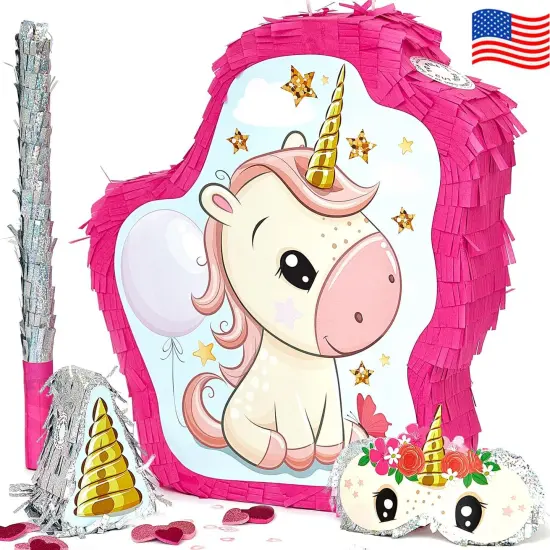 Unicorn Pinata Treasure Hunt Party Game, Birthday Party Complete Set, 16 X 13 Inches, Cute Horse Girl Pinata, Includes Unicorn Pi&ntilde;ata, Horn Mini Pi&ntilde;ata, Pink Bat and more! {1}