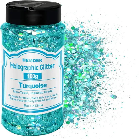 100g Holographic Chunky Glitter, Cosmetic Mixed Hexagon Chunky & Fine Craft Glitter Resin Sequins for Epoxy Glass, Resin Art, Body, Hair, Face, Nail, Slime, Tumbler, Festival Party - Turquoise {1}