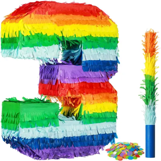 Rainbow Number Pi&ntilde;ata Multicolor Number Pi&ntilde;ata Small Kids Birthday Party with Blindfold Stick and Confetti for Birthday Anniversary Cinco De Mayo Fiesta Party Decor(Number 3) {1}