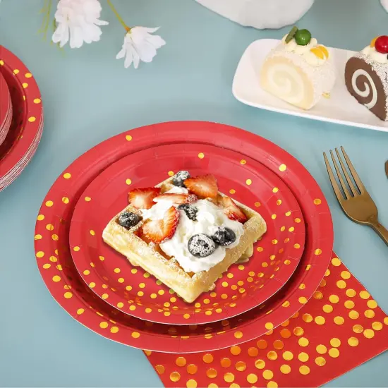 168Pcs Red and Gold Party Tableware Decorations, Red Plates and Napkins Serve 24, Red Paper Plates, Red and Gold Plates for Birthday Valentines Plates, Mardi Gras Plates, Red Graduation Plates {2}