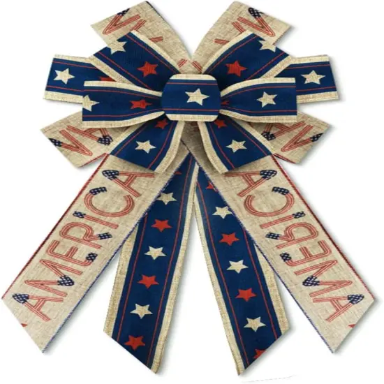 Threetols Large Patriotic Wreath Bows, Patriotic Star Bows for Wreath Memorial Day Burlap Stripes Bows for Front Door, Red Blue Linen American Flag Bows for 4th of July Indoor Outdoor Tree Decor {1}