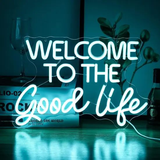 Summer "Welcome To The Good Life" Neon Sign &ndash; Ice Blue LED Light, Dimmable, USB Powered, 16.5&rsquo;&rsquo; x 11&rsquo;&rsquo; &ndash; Cool Wall Decor for Beach Parties, Poolside Hangouts, Kids Rooms, and Summer Gifts {1}