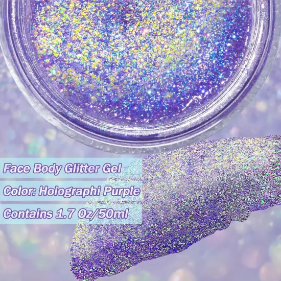 Holographic Body Glitter Gel for Body, Face, Hair and Lip Color Changing Sparkling Face Glitter Gel Mermaid Sequins Glitter Face Paint for Women Girls Music Festival Concerts Party (Purple Chameleon) {2}