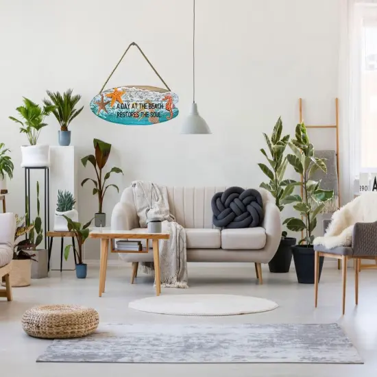 Summer Beach Sign &ndash; "A Day at the Beach Restores the Soul" Surfboard Decor with Starfish, Sea Horse, and Scallop Decoration, 18x6.4in Wall Plaque for Beach House and Door Decor {5}