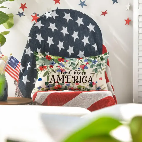 Patriotic Independence Day Throw Pillow Cover, 12 x 20 Inch God Bless America Flowers Decor Cushion Case for Sofa Couch {3}