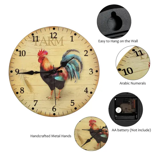 Farmhouse Rooster Wall Clock Battery Operated 12 Inch (30 cm) - Silent Frameless Kitchen Decor Analog Clock for Home, Office, Bedroom {1}