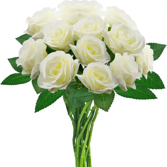 12Pcs White Artificial Roses Bouquet with Long Stems {1}