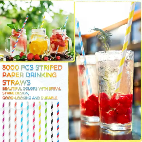 Eaasty 3000 Pcs Colored Paper Straws Bulk Disposable Striped Drinking Paper Straws for Summer Juice, Shakes, Cocktail,7.87 Inches, 0.24'' Diameter {5}