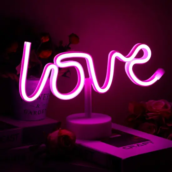 3 Pcs Summer Love Neon Signs - Heart, Lips & Love Shaped LED Lights for Tabletop or Wall Decor, USB or Battery Powered (Pink) {3}