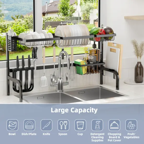 2 Tier Adjustable Over Sink Dish Drying Rack with 8 Hooks {2}