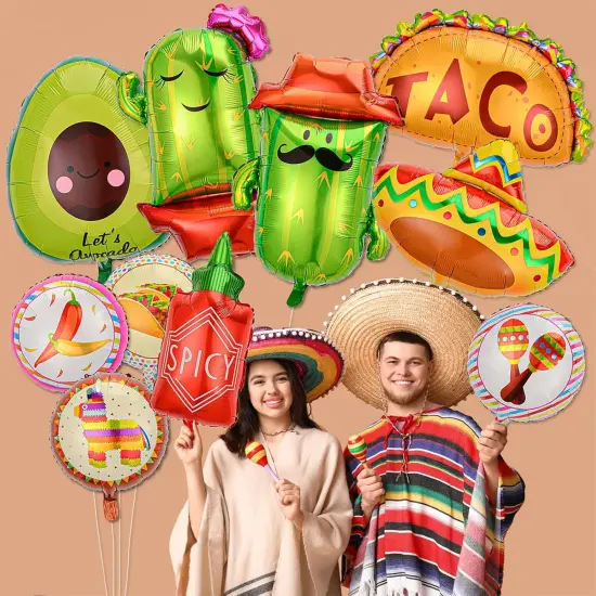 10 Pcs Fiesta Balloons Mexican Taco Cactus Avocado Sombrero Llama Spicy Bottle Foil Balloons Cinco De Mayo Fiesta Party Decorations {3}