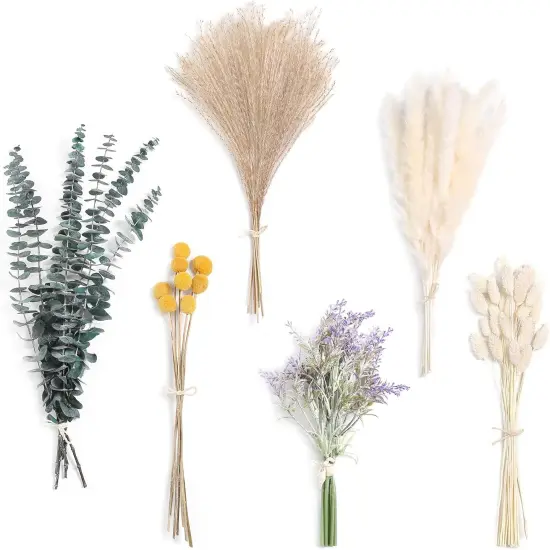 Flora Natural Dried Pampas Eucalyptus Rabbit Tail Grass,(Pack of 66pcs) with 6 Kinds of DIY Bridal Artificial Bouquets Home Decor Wedding Floral Arrangement Table Centerpieces {1}