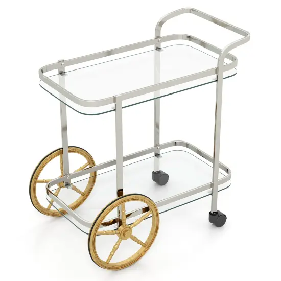 Transparent Glass Stainless Steel 2-Tier Glass Serving Bar Cart with Wheels {1}