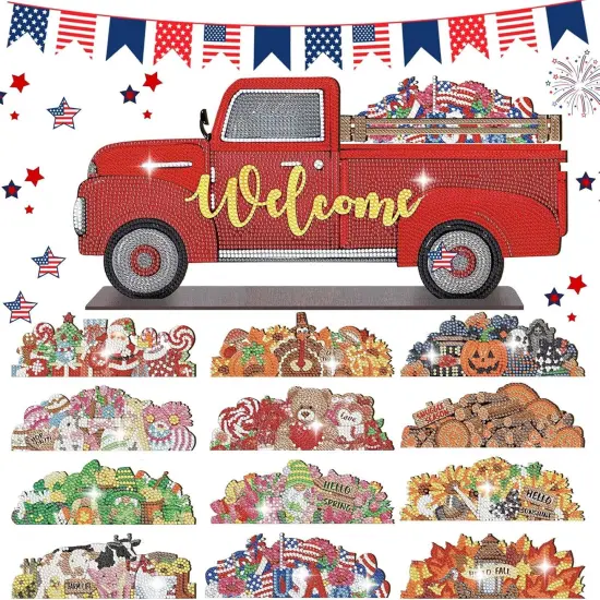 13 Pcs Interchangeable Diamond Painting Art Welcome Signs Truck Stand Table Decor DIY Holiday Seasonal Tiered Tray Decoration Diamond Art Ornament Kits with 12 Holiday Icons for Home Wall {1}