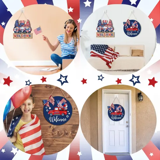 2 Pcs 4th of July Welcome Sign Decorations Patriotic Gnomes Wooden Signs Star American Flag Large Hanging Decor for Independence Day Party Memorial Day Outdoor Home Front Door Window Wall Ornament {5}